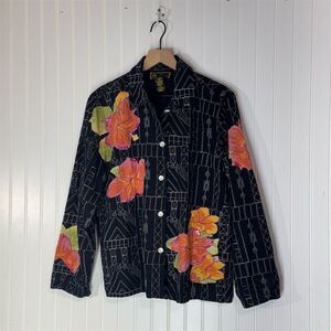 Mirasol M Floral Embroidered Jacket Black Cotton Linen Boho Artsy Button Shirt‎